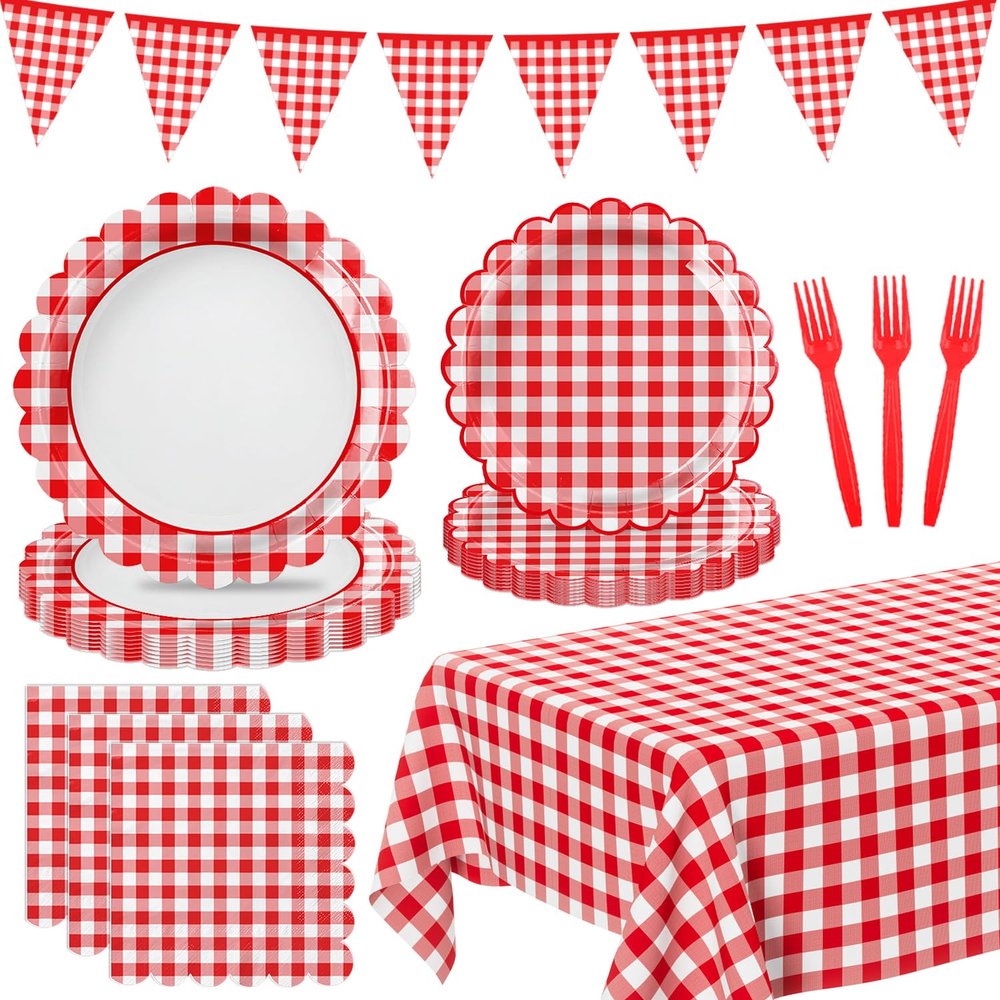 102 PCS Red Gingham Party Supplies - Christmas Scalloped Plates, Napkins, Cups, Forks, Banner, Gingham Tablecloth for Baby Shower, Birthday, Picnic Party Decorations, Serves 25