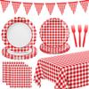102 PCS Red Gingham Party Supplies - Christmas Scalloped Plates, Napkins, Cups, Forks, Banner, Gingham Tablecloth for Baby Shower, Birthday, Picnic Party Decorations, Serves 25 view 1