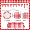 102 PCS Red Gingham Party Supplies - Christmas Scalloped Plates, Napkins, Cups, Forks, Banner, Gingham Tablecloth for Baby Shower, Birthday, Picnic Party Decorations, Serves 25 view 2