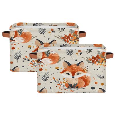 Aglebo Watercolor Foxes Leaves Storage Basket Foldable Storage Bins Fabric Organizer Basket with Handles Rectangle Closet Basket for Shelves Laundry Nursery Bedroom Basket, 15 x 11 x 9.5 in 2 Pack