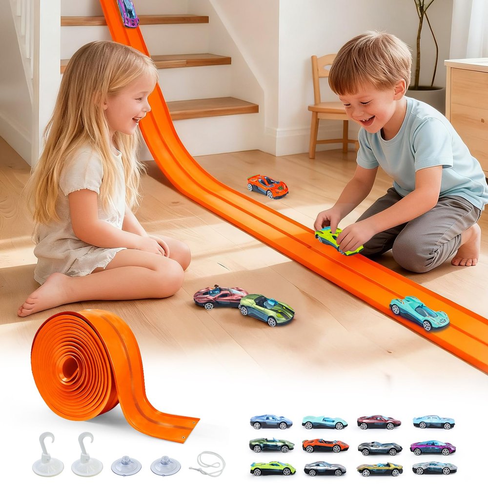 FALDAA Flexible Race Track for Kids 15ft with 12 Racecars, Slot Car Race Track Sets & Car Ramp Toy with 4 Suction Cups, Compatible with Hot Wheels for Ages 3+
