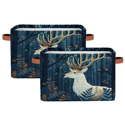 Aglebo Night Deep Woods Deer Storage Basket Foldable Storage Bins Fabric Organizer Basket with Handles Rectangle Closet Basket for Shelves Laundry Nursery Bedroom Basket, 15 x 11 x 9.5 in 1 Pack