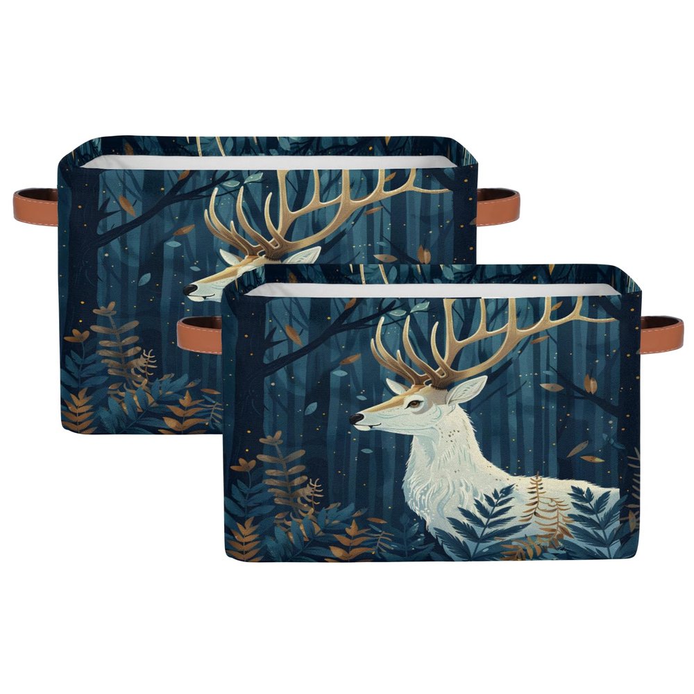 Aglebo Night Deep Woods Deer Storage Basket Foldable Storage Bins Fabric Organizer Basket with Handles Rectangle Closet Basket for Shelves Laundry Nursery Bedroom Basket, 15 x 11 x 9.5 in 1 Pack