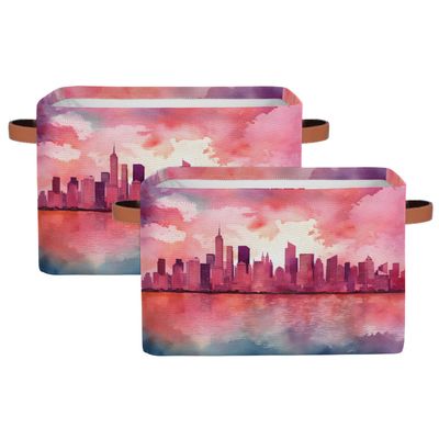 Aglebo Watercolor City Silhouette Storage Basket Foldable Storage Bins Fabric Organizer Basket with Handles Rectangle Closet Basket for Shelves Laundry Nursery Bedroom Basket, 15 x 11 x 9.5 in 2 Pack