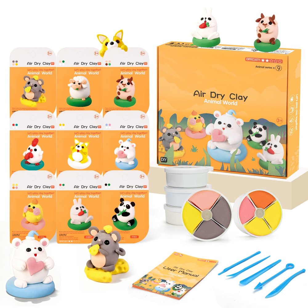 Air Dry Clay Kit for Kids, Modeling Clay, 9 Animals Model Magic Clay with Sculpting Tools and Tutorials, Ultra Light Soft Clay Set, Arts Crafts Toy Gift, Christmas Birthday Party Favors for Boys Girls