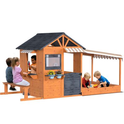 EROMMY Outdoor Playhouse for Grandkids, Backyard Garden Cottage with Sandbox & Bench, Play Kitchen, Snack Bar, Flowerpot Holders, Canopy, Multiple Toddlers Play House, 60" H x 105" L x 48" W, Brown