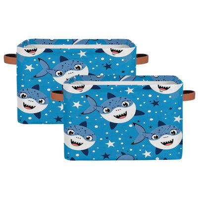 Aglebo Star Cartoon Shark Storage Basket Foldable Storage Bins Fabric Organizer Basket with Handles Rectangle Closet Basket for Shelves Laundry Nursery Bedroom Basket, 15 x 11 x 9.5 in 2 Pack