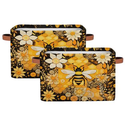 Aglebo Abstract Flower Bee Storage Basket Foldable Storage Bins Fabric Organizer Basket with Handles Rectangle Closet Basket for Shelves Laundry Nursery Bedroom Basket, 15 x 11 x 9.5 in 1 Pack
