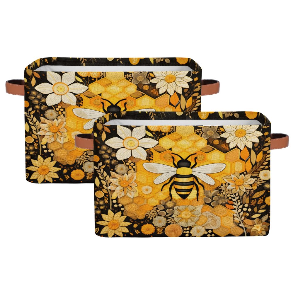 Aglebo Abstract Flower Bee Storage Basket Foldable Storage Bins Fabric Organizer Basket with Handles Rectangle Closet Basket for Shelves Laundry Nursery Bedroom Basket, 15 x 11 x 9.5 in 1 Pack