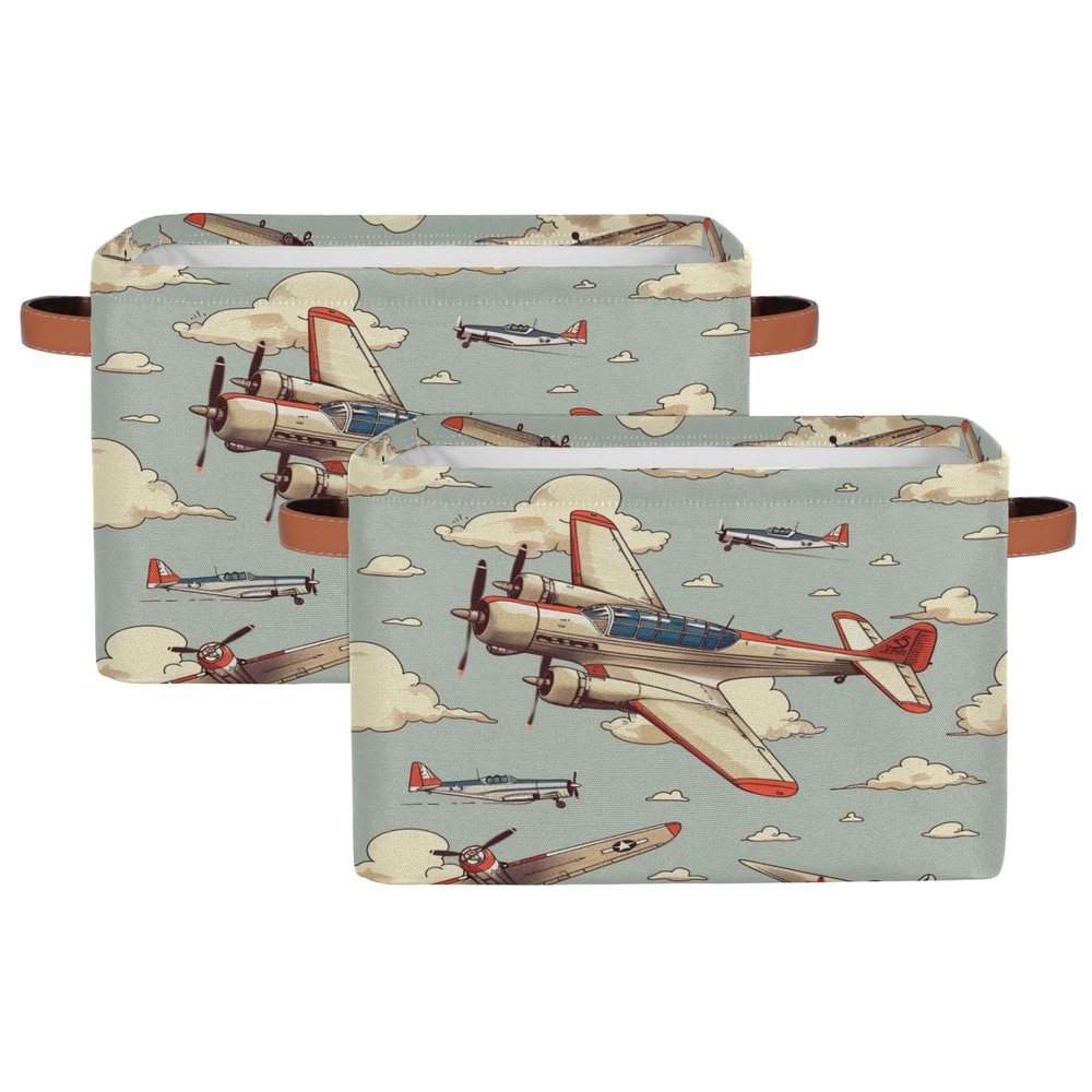 Aglebo Airplanes Clouds Storage Basket Foldable Storage Bins Fabric Organizer Basket with Handles Rectangle Closet Basket for Shelves Laundry Nursery Bedroom Basket, 15 x 11 x 9.5 in 2 Pack