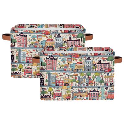 Aglebo Cartoon City Painting Storage Basket Foldable Storage Bins Fabric Organizer Basket with Handles Rectangle Closet Basket for Shelves Laundry Nursery Bedroom Basket, 15 x 11 x 9.5 in 2 Pack