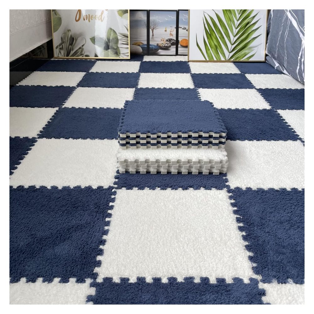 10/20/30/40/50/100Pcs Interlocking Carpet Tiles,12X 12in Plush Interlocking Foam Carpet Tiles, Thickened Soft Anti-Slip Puzzle Area Rug Playmat,Navy Blue + White,10pcs