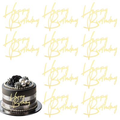 10pcs Happy Birthday Cake Toppers Gold Acrylic Happy Birthday Sign For Cake Decorations Cakes Picks Stick Decor For Celebrating Anniversary Party Wedding