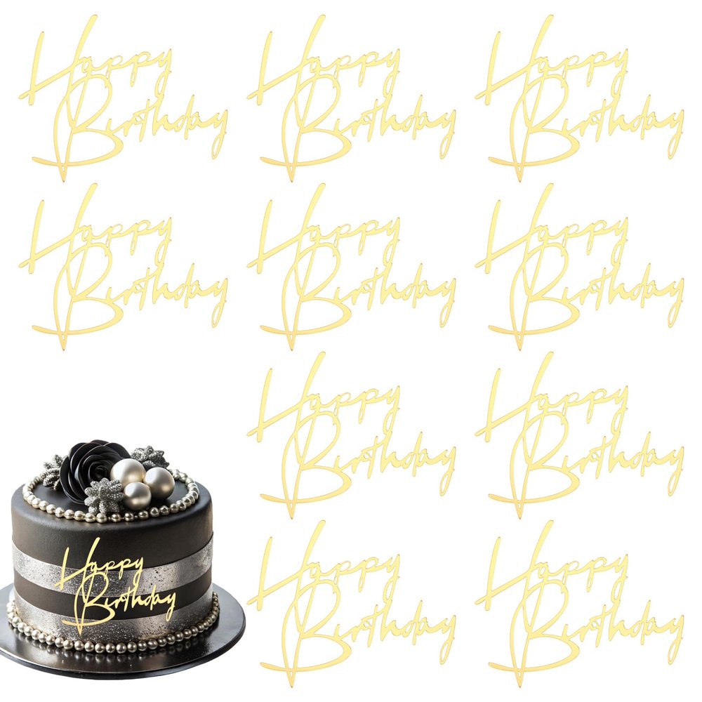 10pcs Happy Birthday Cake Toppers Gold Acrylic Happy Birthday Sign For Cake Decorations Cakes Picks Stick Decor For Celebrating Anniversary Party Wedding