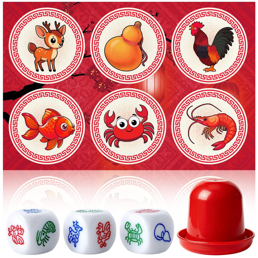 APUDWN BAU Cua Ca Cop Game Set, Vietnamese Lunar New Year Dice Game with 15.7'' x 23.6'' Mat, 3 Gourd Fish Shrimp Crab Dice and Shaker Cup, Traditional BAU Cua for Party Gatherings and Celebrations