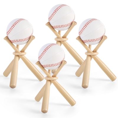 Baseball Bats Wood Stands 4 Packs, With 4 Wood Rings And 12 Baseball Bats, Lovely Little Softball Bats Baseball Holders To Exhibit Game & Home Run Balls