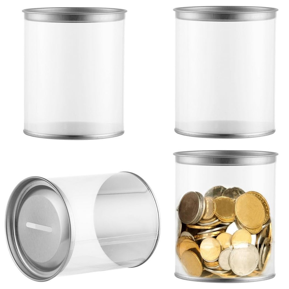 3.9 In D X 4.7 In H Coin Bank Jars, Change Bank Plastic Jars, 4 Packs Clear Coin Storage Jars With Slotted Lid Fit All Us For, Raffle Tickets