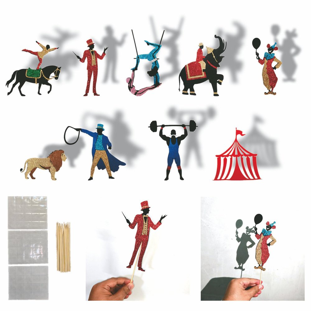 Circus Shadow Puppet Theater Set  9-Piece Carnival Silhouette Kit with Felt Cutouts, Sticks & Dots  DIY Storytelling Shadow Play for Kids, Classroom & Family Craft Activities