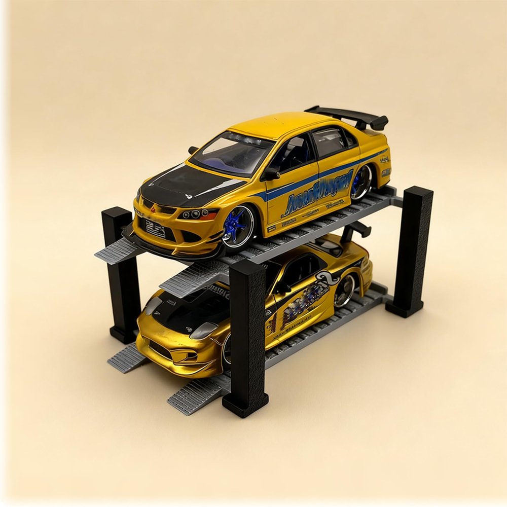 Double Tier Car Lift Display for Hot Wheels Matchbox Car 1:64 Scale 4 Post Diecast Display Stand Multi-Level Showcase Rack