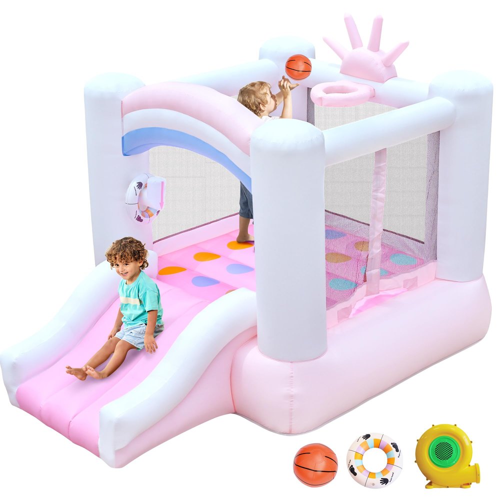 Bestsun Inflatable Bounce House for Kids, 104" X 72" X 71" Bouncy Castle for Ages 3-8, Bouncer with Slide, Jumping Area, Basketball Hoop, Twister Game, Blower Included