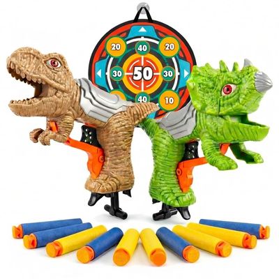 KOKEBUKA Dinosaur Toy Guns for Kids 2 Pack  T-Rex & Triceratops Foam Dart Blasters with Sticky Target, 10 Soft Foam Darts, Dino Shooting Game Set for Indoor Outdoor Play, Boys Girls Ages 48