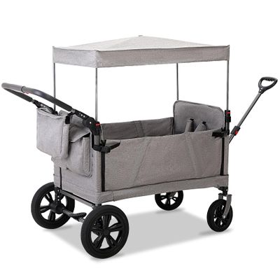 REDCAMP Foldable Stroller Wagon for 2 Kids with Canopy, Collapsible Outdoor Stroller, Adjustable Handle and 5-Point Harness, Grey Pull-Along Wagon for Beach/Park/Zoo/Travel