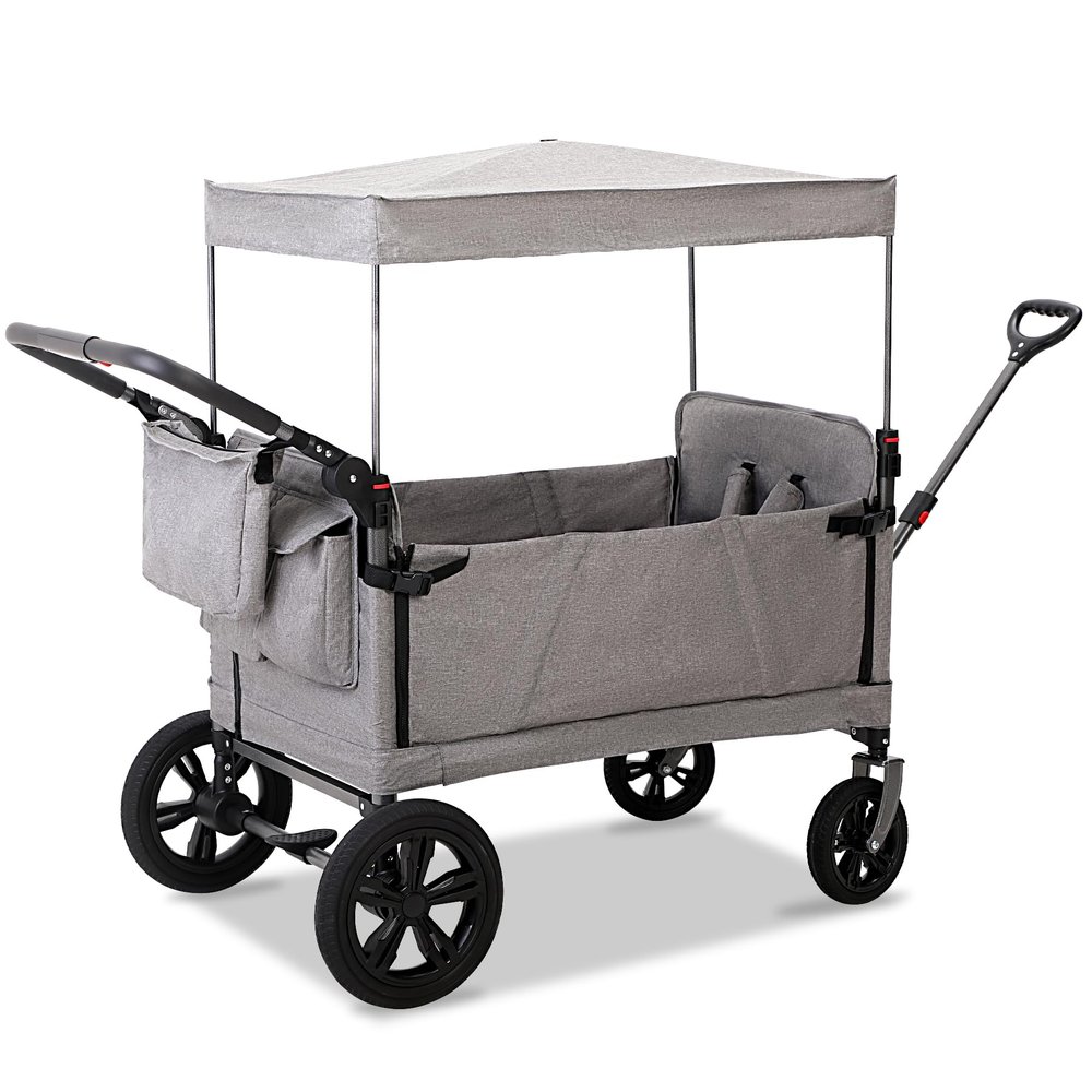 REDCAMP Foldable Stroller Wagon for 2 Kids with Canopy, Collapsible Outdoor Stroller, Adjustable Handle and 5-Point Harness, Grey Pull-Along Wagon for Beach/Park/Zoo/Travel