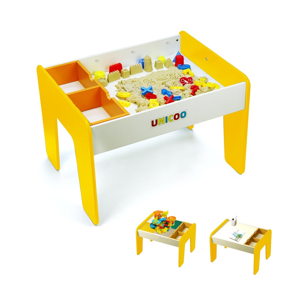 UNICOO 5-in-1 Kids Sand & Activity Table with Play Sand, Molds & Building Blocks | Sensory Play Table, Study Desk & Storage for Toddlers | Kids Summer Indoor & Outdoor Games (Yellow)