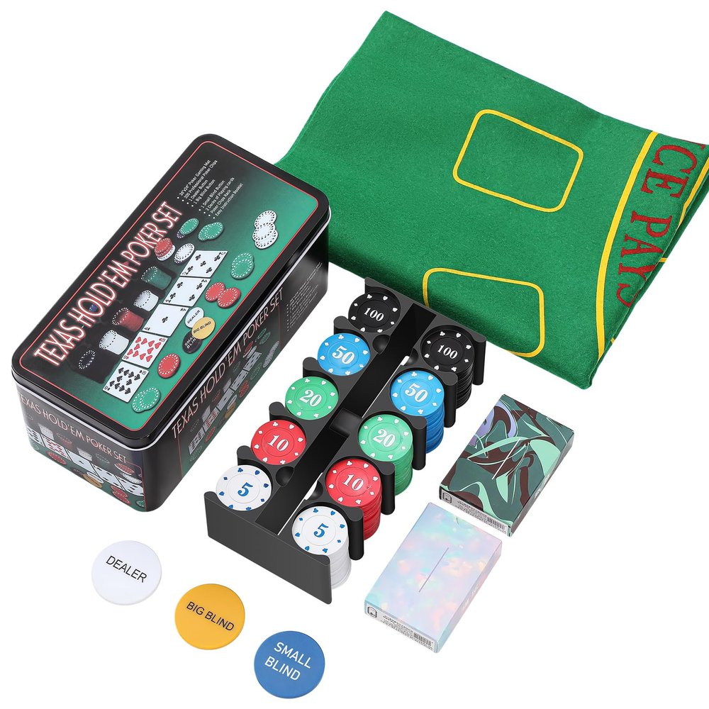JolliLudo Texas Holdem Poker Chip Set Includes 200 Poker Chips 1 Holder 2 Card Decks 1 Mat 1 Tin Storage Box Blackjack Fun Game Night Supplies Gift for Christmas