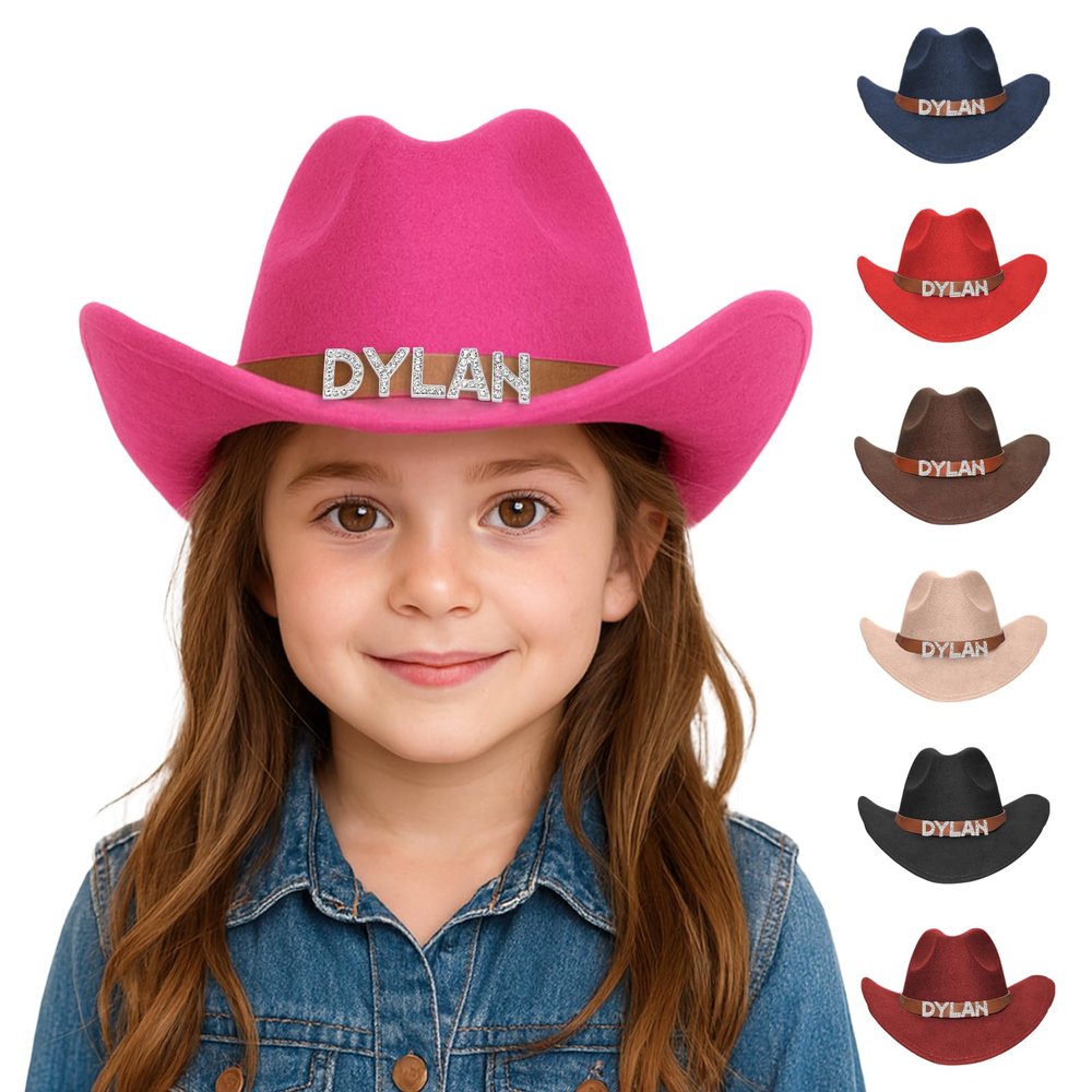 Feraurae Personalized Toddler Cowgirl Hat Age 2-4 Custom Name Rhinestone Cowboy Hat for Girls Boys Western Hats for Kids