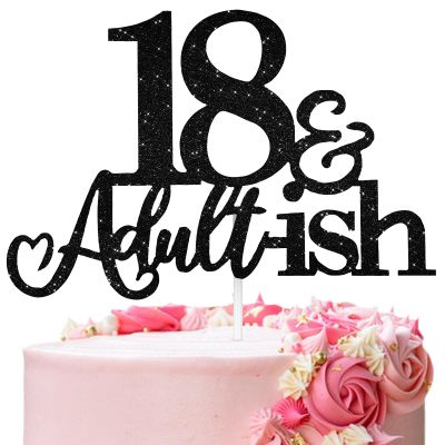 18th Birthday Cake Topper, Black Glitter Happy 18th Birthday Cake Toppers for 18 Anniversary Party Decoration Supplies