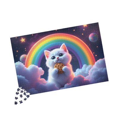 1000 Piece Cat Jigsaw Puzzles - White Kitten Holding Cookie, Purple Sky Rainbow Stars & Planets, Premium Glossy Finish, Travel Size Compact Box, Reference Picture Included