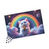 1000 Piece Cat Jigsaw Puzzles - White Kitten Holding Cookie, Purple Sky Rainbow Stars & Planets, Premium Glossy Finish, Travel Size Compact Box, Reference Picture Included view 1