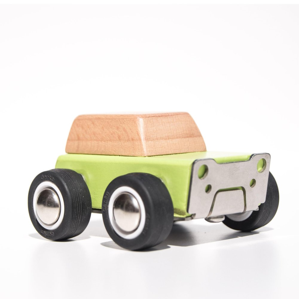BigBlock Customs Beany 1977 Wooden Race Car Handcrafted Small Wooden Collector Car in Lime Green with Metal & Rubber Tires