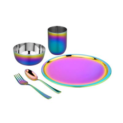 Ahimsa Stainless Steel Kids Dishes, Pediatrician Designed Complete 5 Piece Kids Plates and Bowls Set, Non Toxic & Unbreakable Stainless Steel Plate, Cup and Kid Utensils, Rainbow