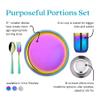 Ahimsa Stainless Steel Kids Dishes, Pediatrician Designed Complete 5 Piece Kids Plates and Bowls Set, Non Toxic & Unbreakable Stainless Steel Plate, Cup and Kid Utensils, Rainbow view 2