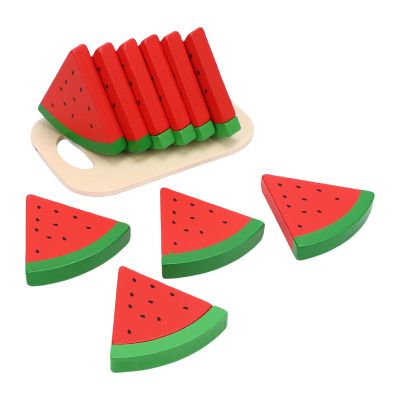 Alomejor Wooden Food for Play Kitchen, Watermelon Toy Kitchen Accessory Set for Kids, 10-Piece Composite Wood Pretend Fruit with Baseboard for Imaginative Play (3.9 x 5.7in)