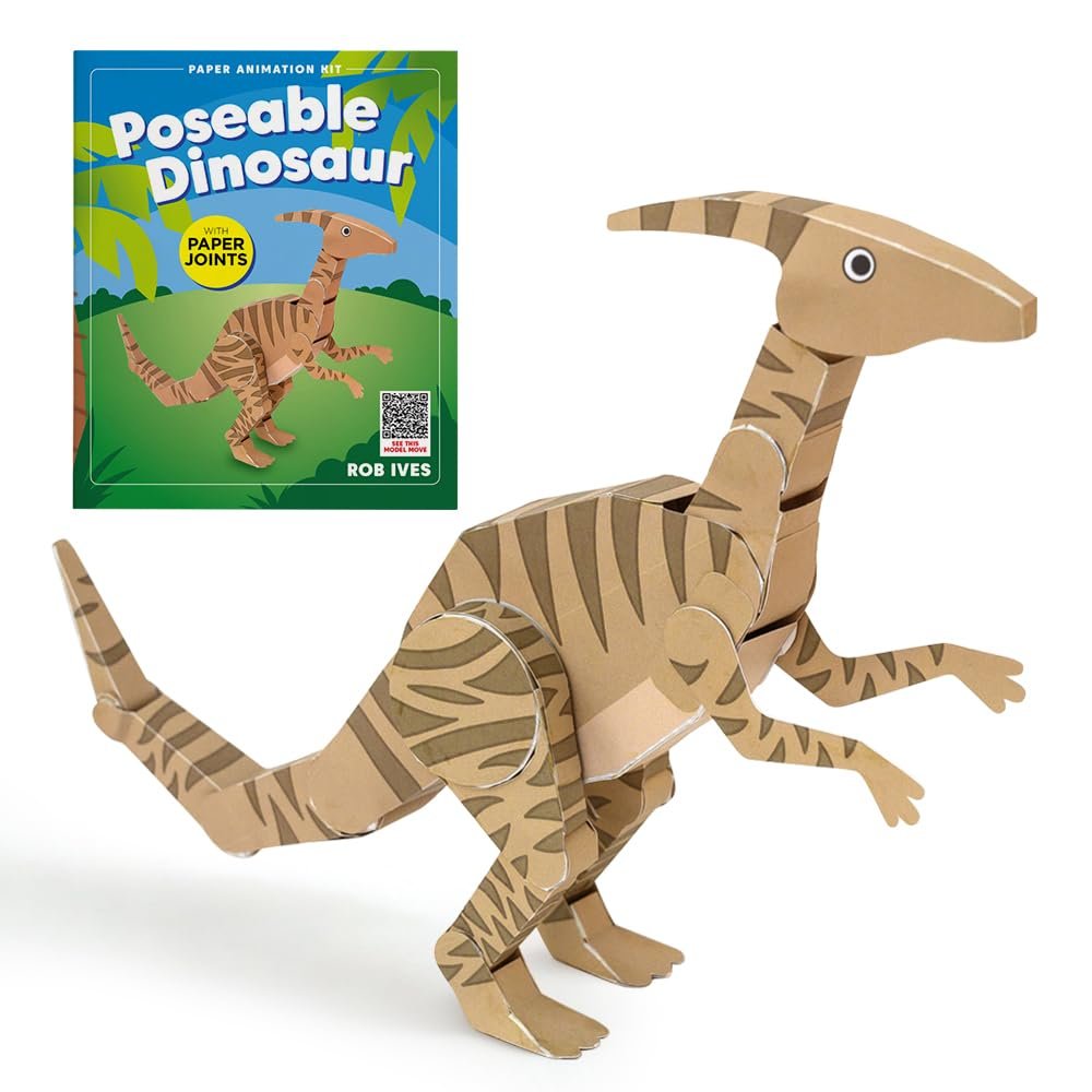 Go On Make Me Poseable Dinosaur Paper Animation Kit Rob Ives DIY Movable Parasaurolophus Papercraft Model STEM Craft Toy Mechanical Paper Model for Kids & Adults Screen-Free Dinosaur Gift