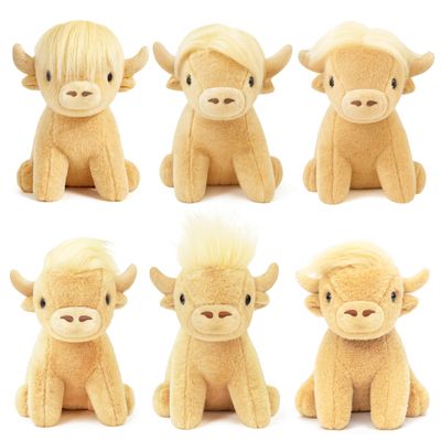 6Pcs Mini Highland Cow Plush Toys, 5.9Inch Cute Scottish Stuffed Animals Soft & Realistic, for Birthday, Classroom Rewards, and Woodland/Grassland Party Decor (Yellow)