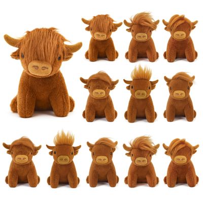 12 Pcs Mini Highland Cow Plush, 5.9 Inch Scottish Stuffed Animal Cattle Toys  Soft, Realistic Desk Decor, Birthday Woodland Party Favors (Brown)