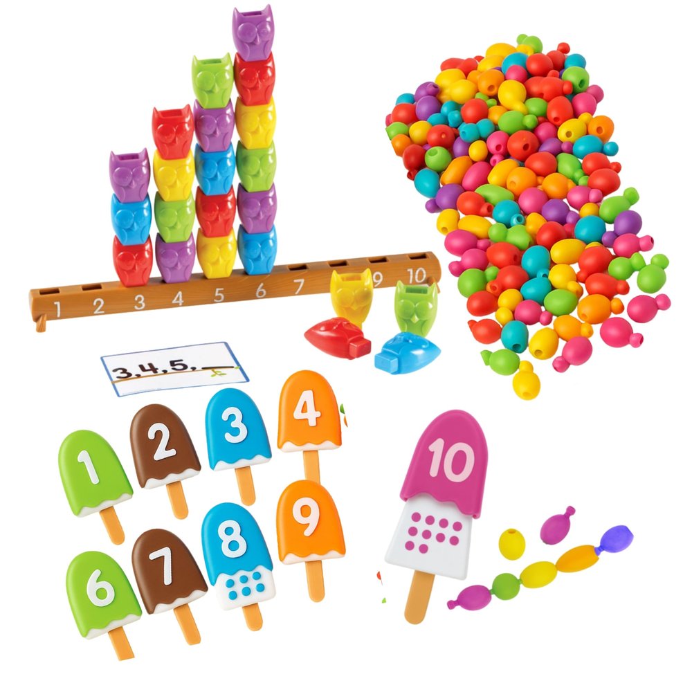 Early Math Activity Solution Pack - All in One 464 Math Pop Beads, 25 Counting Owls on Log and Cards, 20 Piece Number Popcicles, Early Math, Preschool