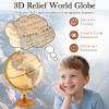 COSTWAY 12 Illuminated World Globe, Geography Educational Globe with Built-in LED Night Light, Wooden Stand, Clear Map for Kids & Adults Learning, Desktop Globes for Students, Decoration (Bronze) view 3
