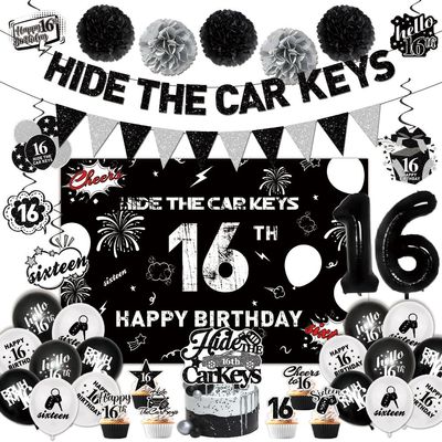 16th Birthday Party Decorations for Boys Include Hide The Car Keys Banner-Backdrop-Balloons-Foil Balloons-Cake Topper-Cupcake Toppers-Hanging Swirl for 16 Year Old Boy Birthday Decorations