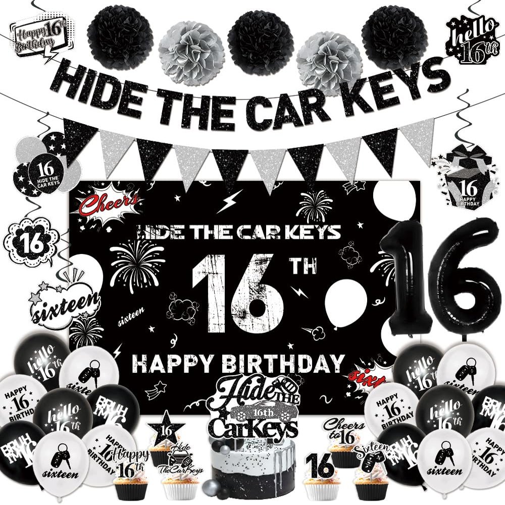 16th Birthday Party Decorations for Boys Include Hide The Car Keys Banner-Backdrop-Balloons-Foil Balloons-Cake Topper-Cupcake Toppers-Hanging Swirl for 16 Year Old Boy Birthday Decorations