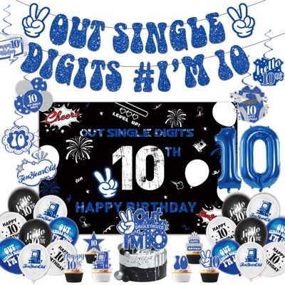10th Birthday Decorations for Boys Include Banner-Backdrop-10 Number Balloons-Cake Topper-Cupcake Toppers-Hanging Swirl for 10 Year Old Birthday Decorations, Peace Out Single Digits Party Decor