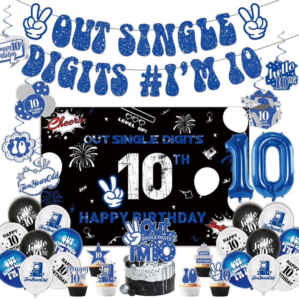 10th Birthday Decorations for Boys Include Banner-Backdrop-10 Number Balloons-Cake Topper-Cupcake Toppers-Hanging Swirl for 10 Year Old Birthday Decorations, Peace Out Single Digits Party Decor