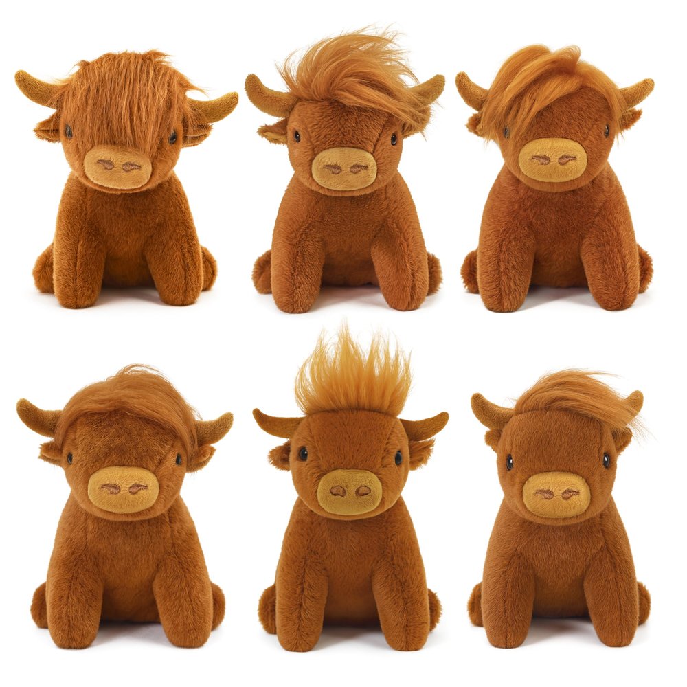 6Pcs Mini Highland Cow Plush Toys, 5.9Inch Cute Scottish Stuffed Animals Soft & Realistic, for Birthday, Classroom Rewards, and Woodland/Grassland Party Decor (Brown)