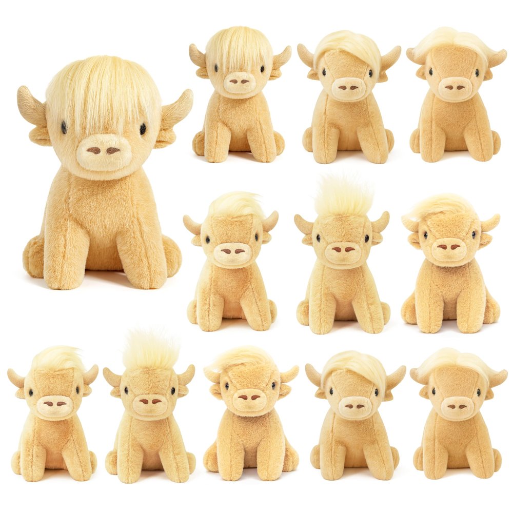 12 Pcs Mini Highland Cow Plush, 5.9 Inch Scottish Stuffed Animal Cattle Toys  Soft, Realistic Desk Decor, Birthday Woodland Party Favors (Yellow)