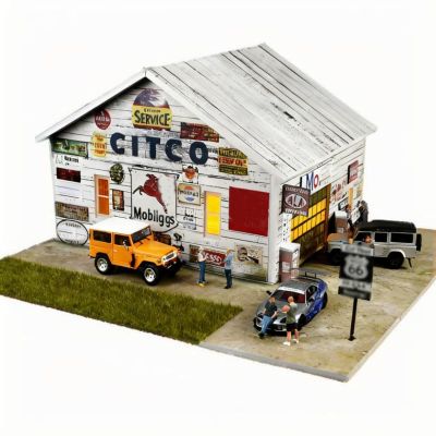 1/64 Diorama, Display with LED Lights, Diorama Garage for Alloy Sport Car Model Toy with LED Lights, Compatible with Hot Wheels Display Case, 1/64 Scale Buildings, American-Style Factory Model