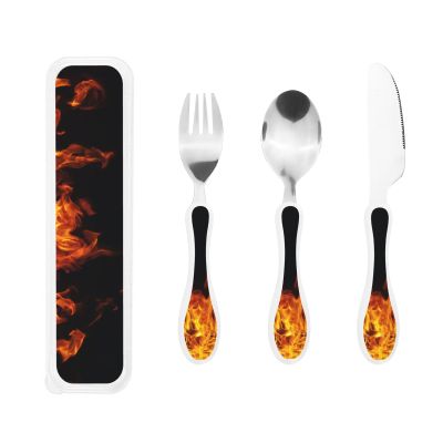 Burning Fire Flame On Black Compact And Portable Gourd Handle Style Knife Fork Spoon Three Piece Set